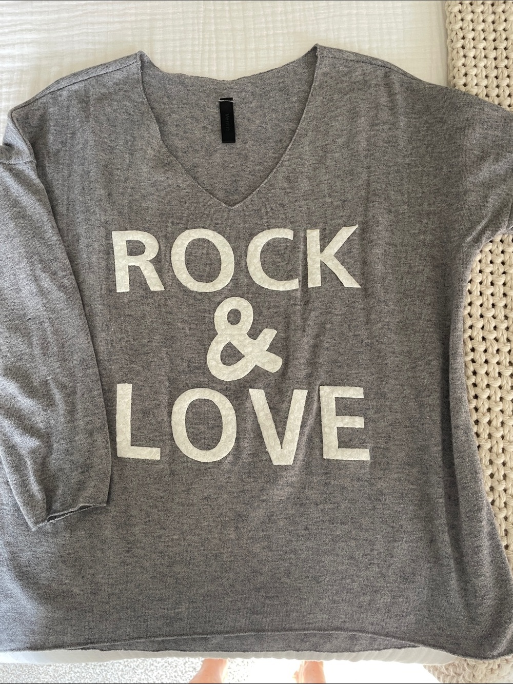 Women’s Gray V-Neck Pullover Sweater with 'Rock & Love' Graphic